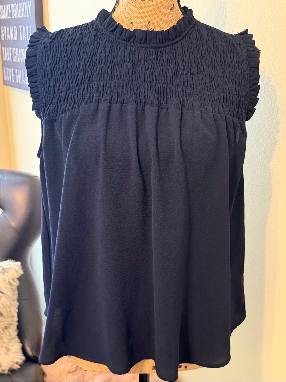 Active USA Navy Smocked Yoke Ruffle Sleeveless Top